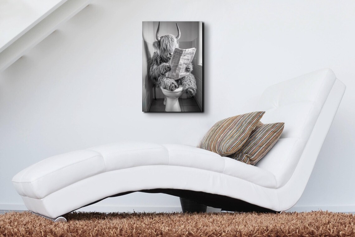 Highland Cow Reading Newspaper On Toilet Funny Bathroom Art Poster - Image 5