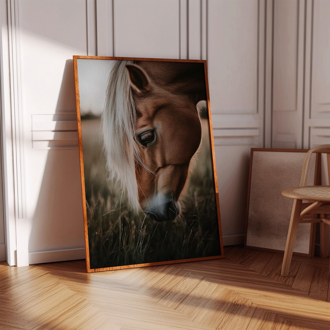 Chestnut Horse Grazing Closeup Peaceful Field Photo Wall Art