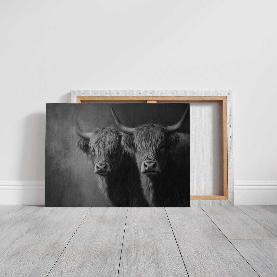 Highland Cows Pair Monochrome Black White Dramatic Portrait Poster - Image 3