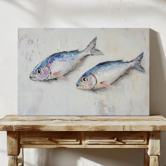 Two Fish Canvas Wall Art Coastal Nautical Oil Painting With Textured Brushstrokes Oceaninspired Rustic Seaside Kitchen Decor