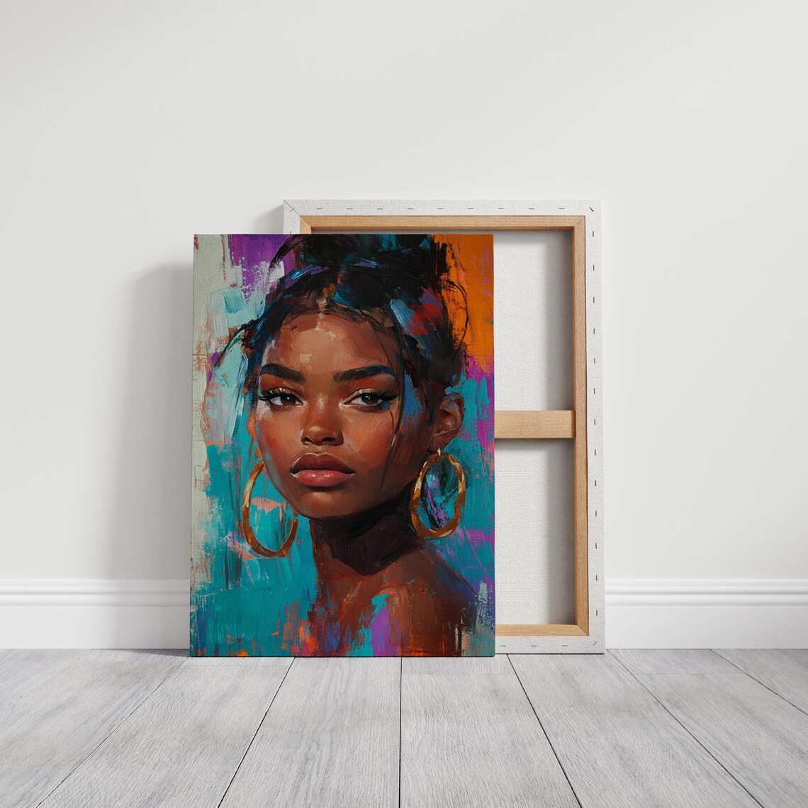 Vibrant Woman Portrait Gold Hoop Earrings Bold Abstract Modern Poster - Image 3