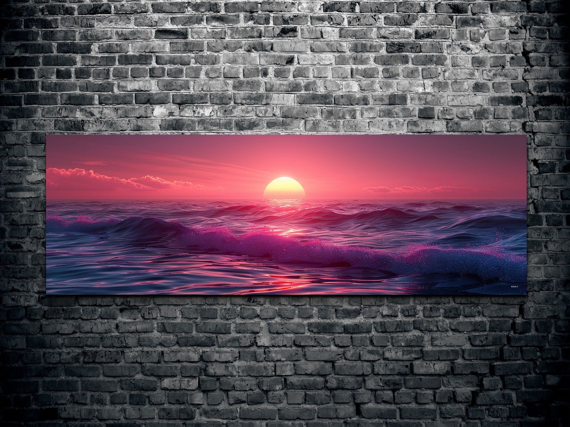 Pink Ocean Sunset with Waves Under Glowing Sun Panorama Wall Art - Image 2