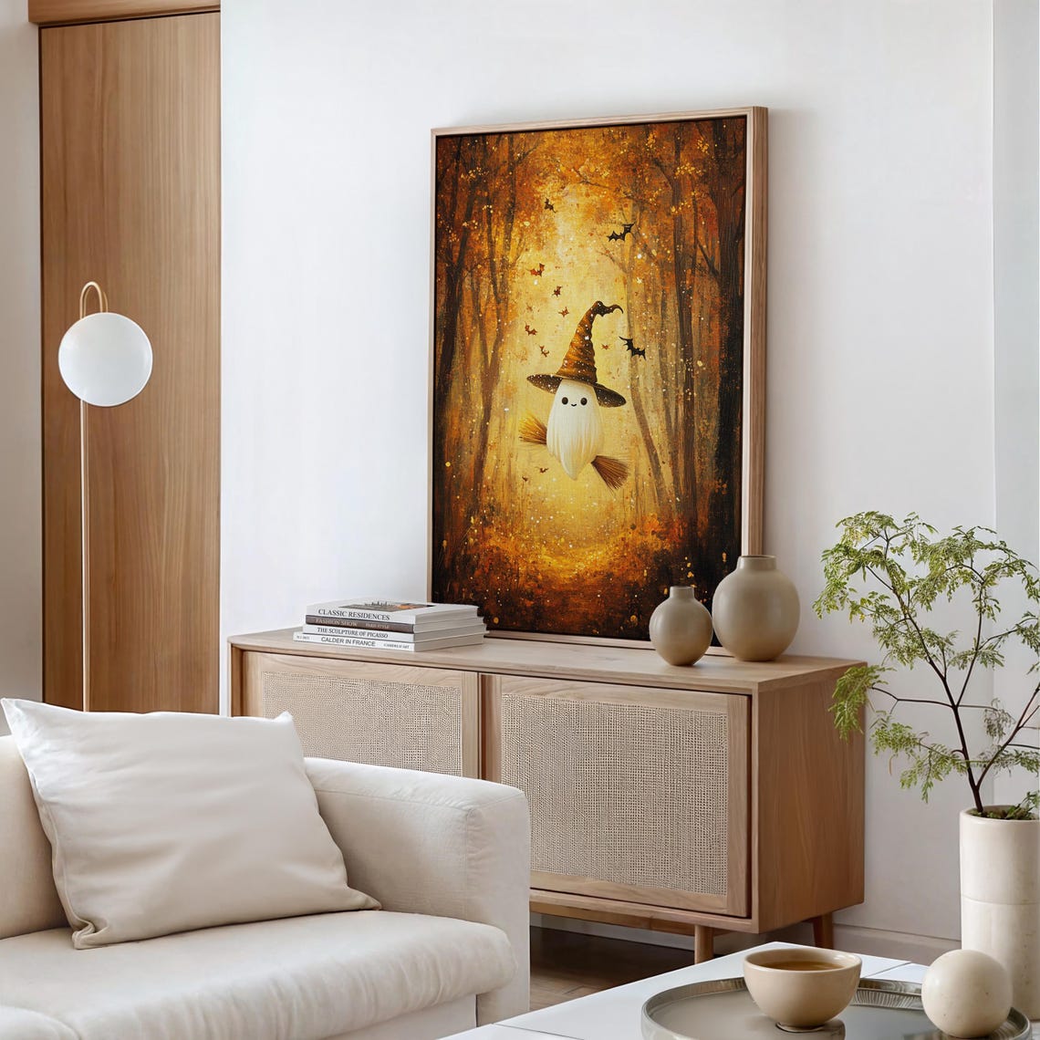 Cute Halloween Ghost Witch Hat Broom Autumn Forest Wall Art Print - Image 4
