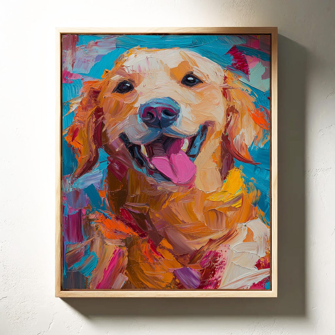 Golden Retriever Smiling Face Vibrant Textured Oil Painting Wall Art - Image 3