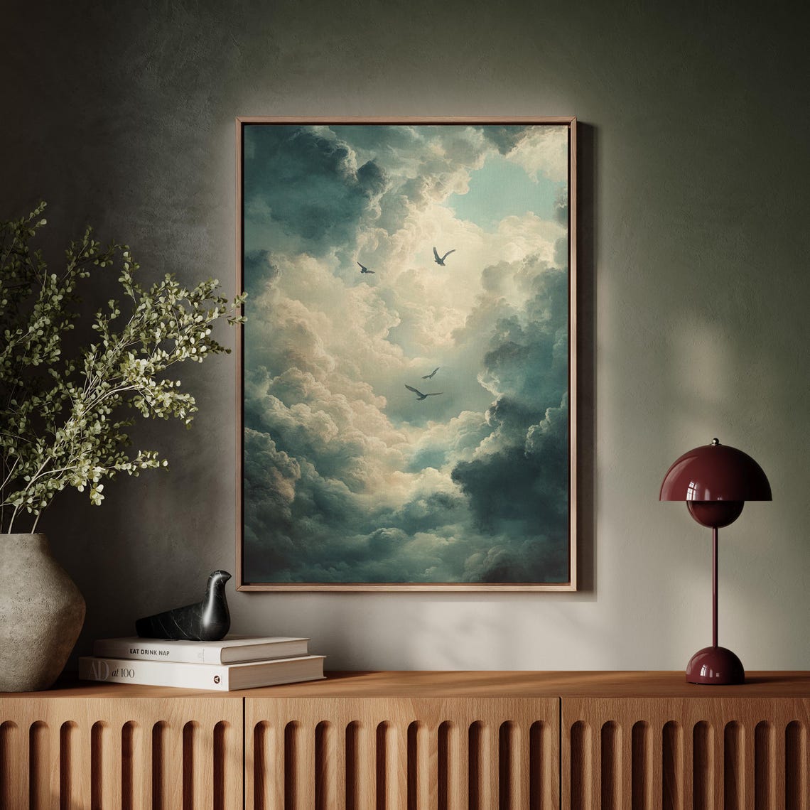 Birds Flying Through Luminous Soft Clouds In Minty Dreamy Sky Poster