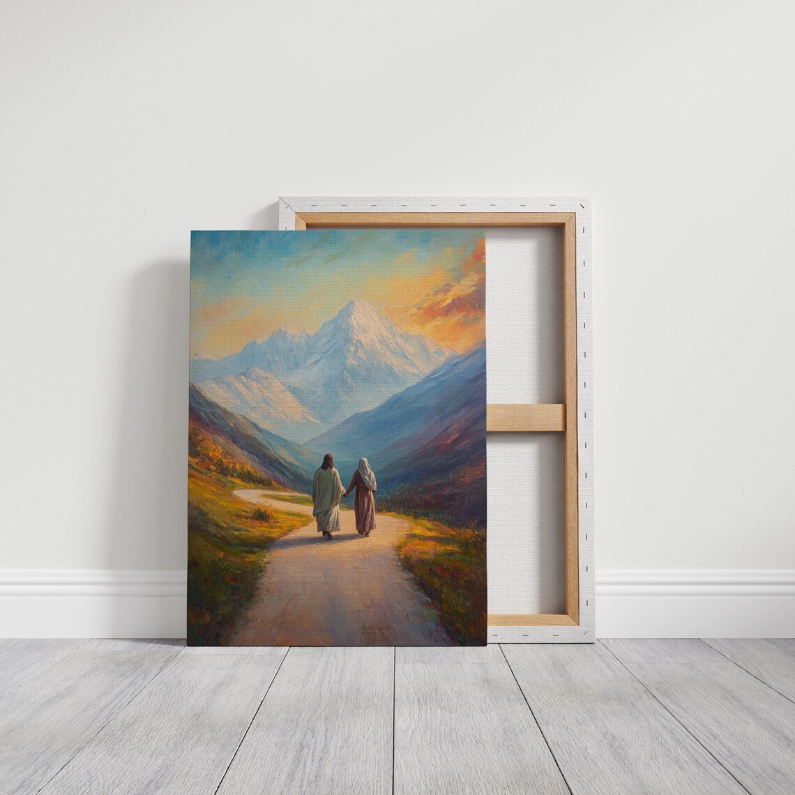 Jesus Walking With a Woman on a Mountain Path Beneath Snow Peaks Poster - Image 7