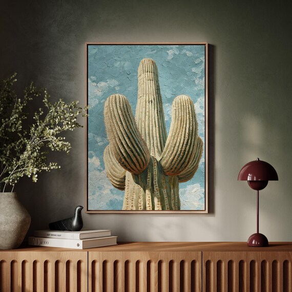 Saguaro Cactus Canvas Wall Art Desert Southwest Oil Painting Style Print Boho Western Botanical Poster For Rustic Nature Home Decor