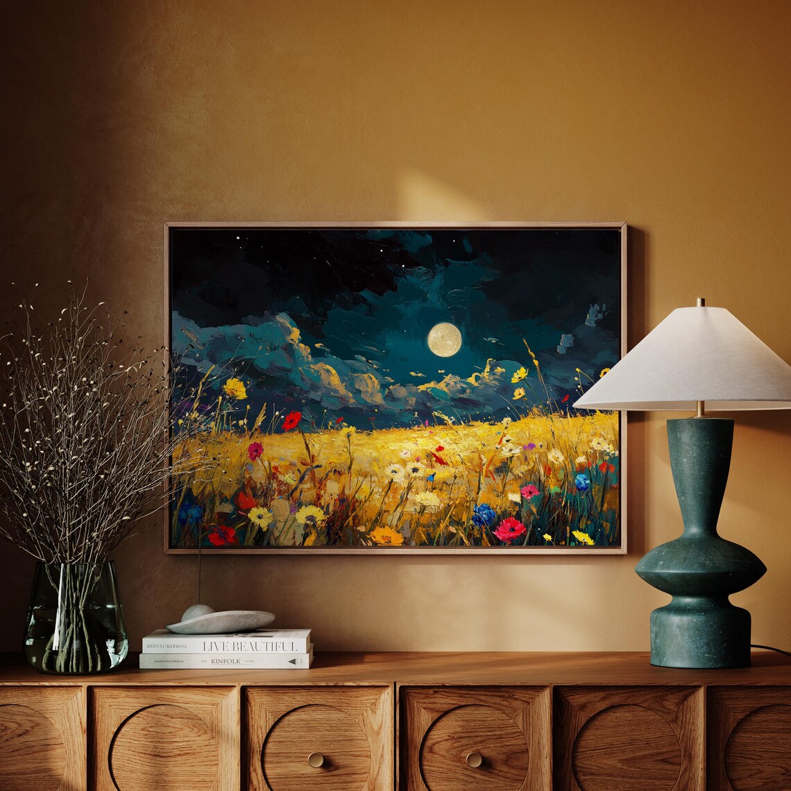 Golden Moonlit Meadow Art Print, Night Sky Wildflowers - Image 4