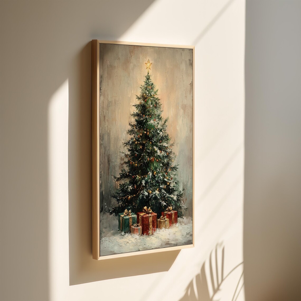 Snowy Christmas Tree Star Gifts Vintage Holiday Painting Poster - Image 2