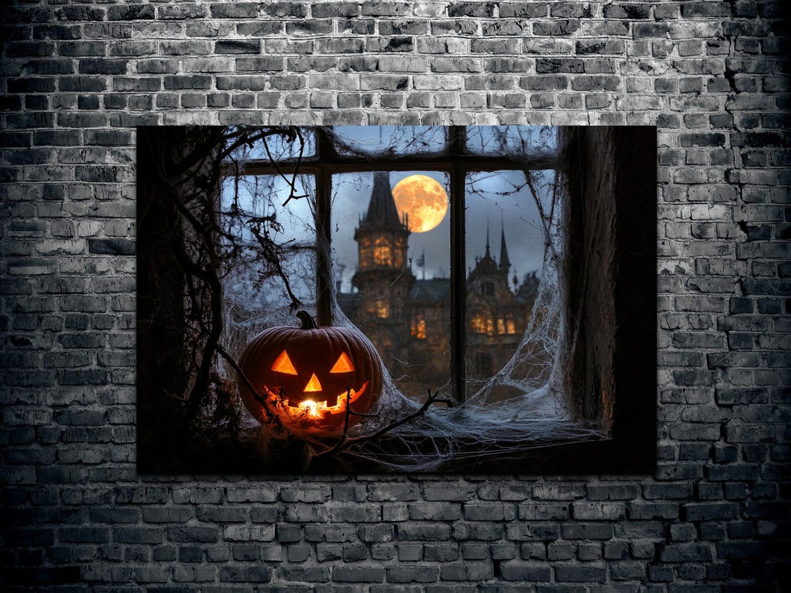 Glowing Pumpkin on Old Window Ledge With Moonlit Castle Beyond Poster - Image 2