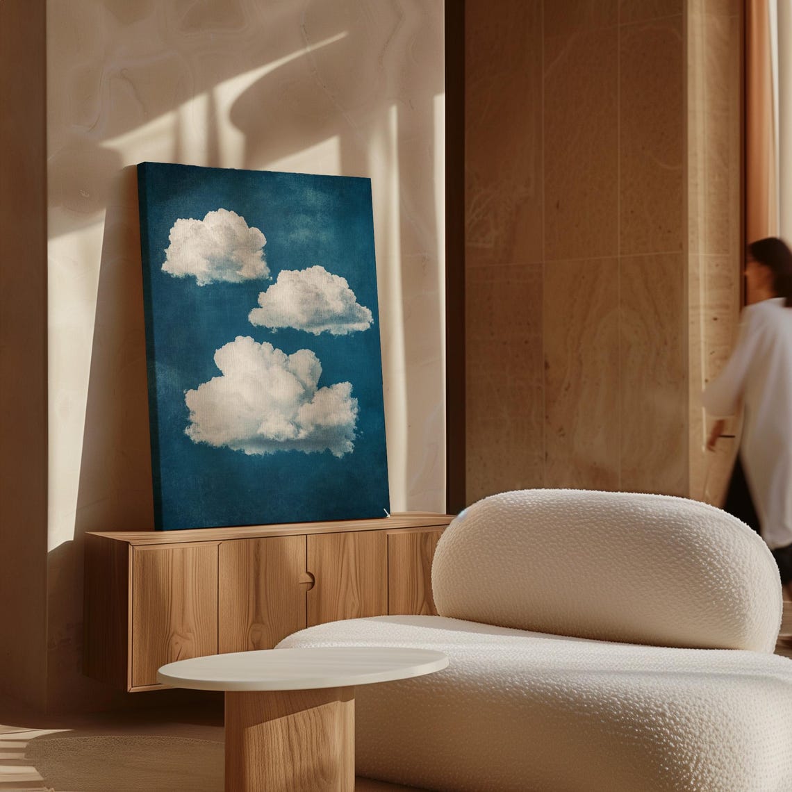 Three White Clouds On Deep Blue Vintage Textured Sky Art Poster - Image 7