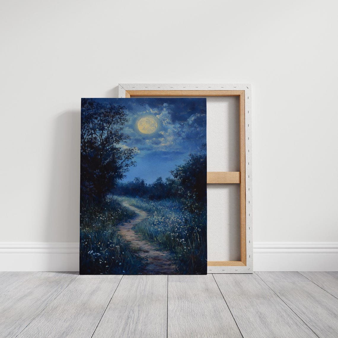 Moonlit Meadow Path Under Full Moon Serene Night Landscape Poster - Image 3