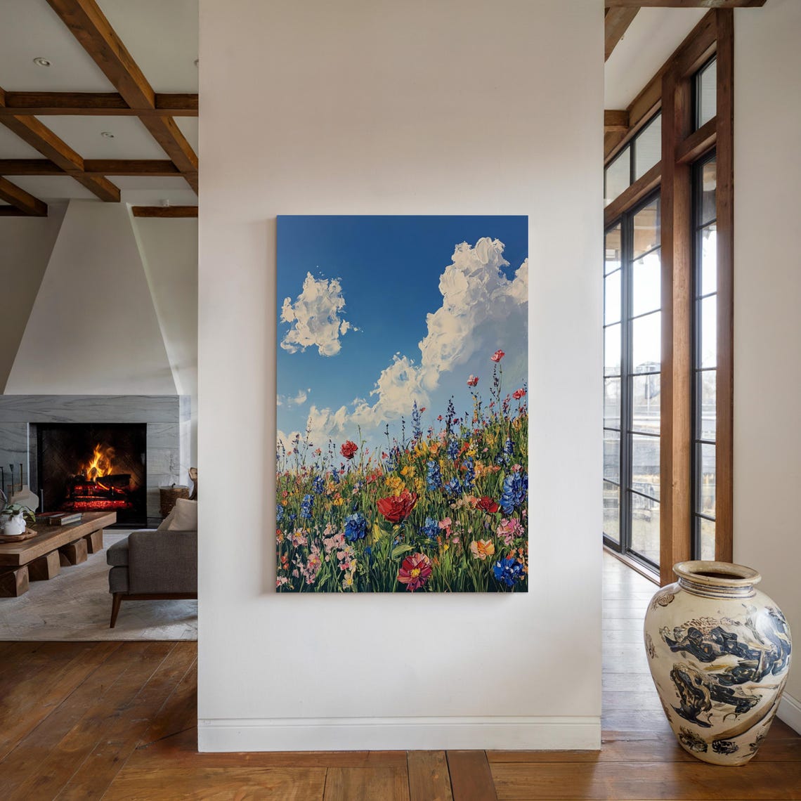 Colorful Wildflower Field Blue Sky Billowing Clouds Summer Poster - Image 5