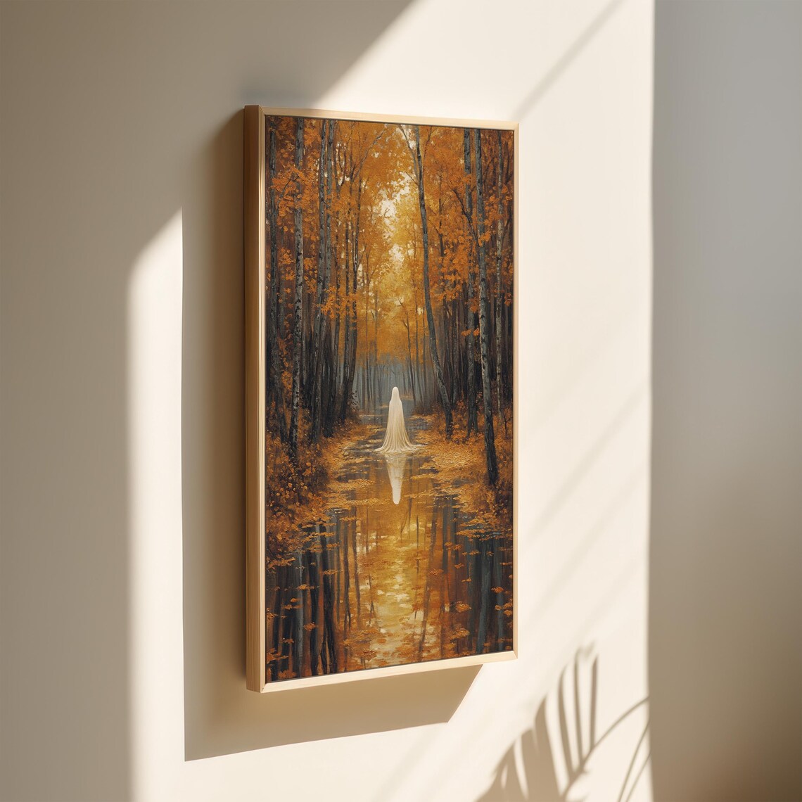 Haunted Autumn Forest Ghost Reflection On Golden Stream Halloween Wall Art