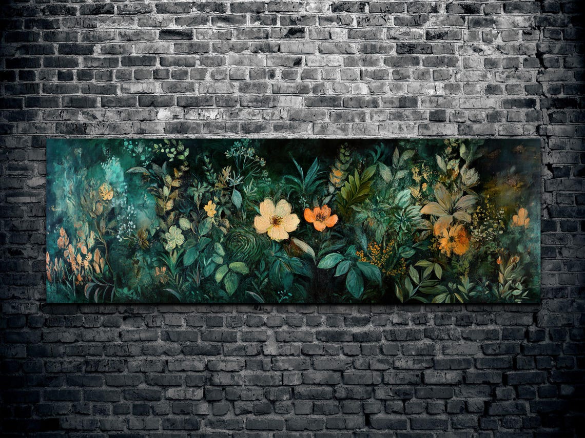Dark Moody Botanical Floral Night Garden Painting Panoramic Poster - Image 2