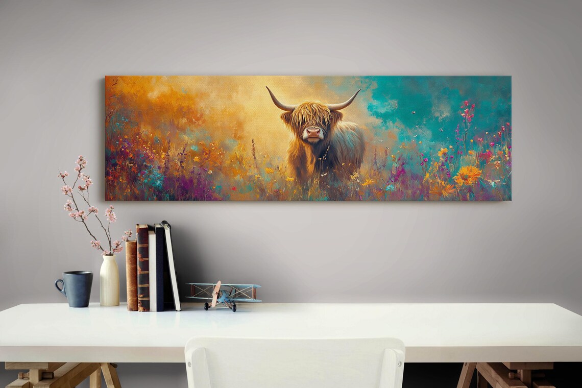 Highland Cow Colorful Wildflower Meadow Vibrant Nature Wall Art - Image 3