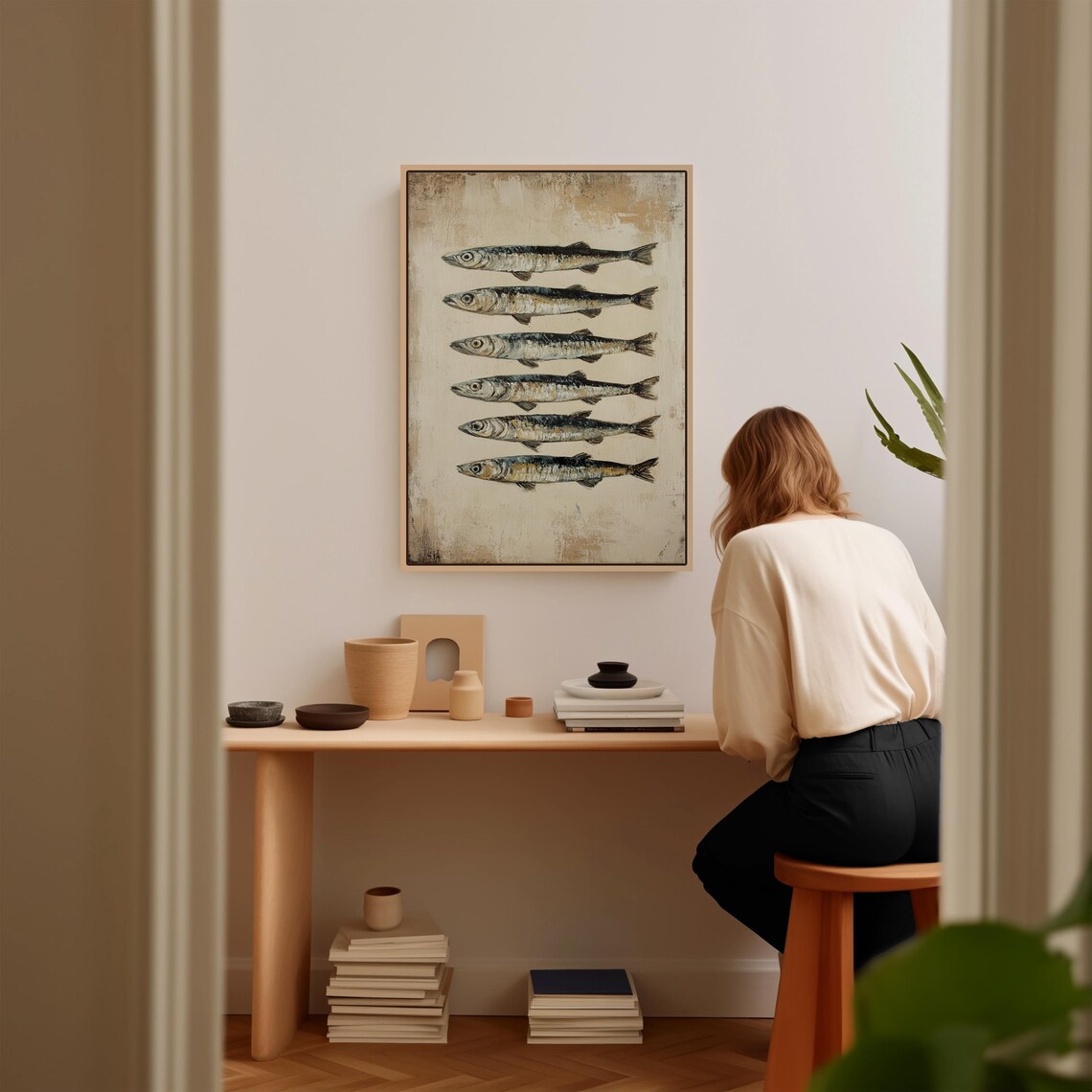 Six Sardines in a Row Vintage Style Seafood Painting Art Poster - Image 2