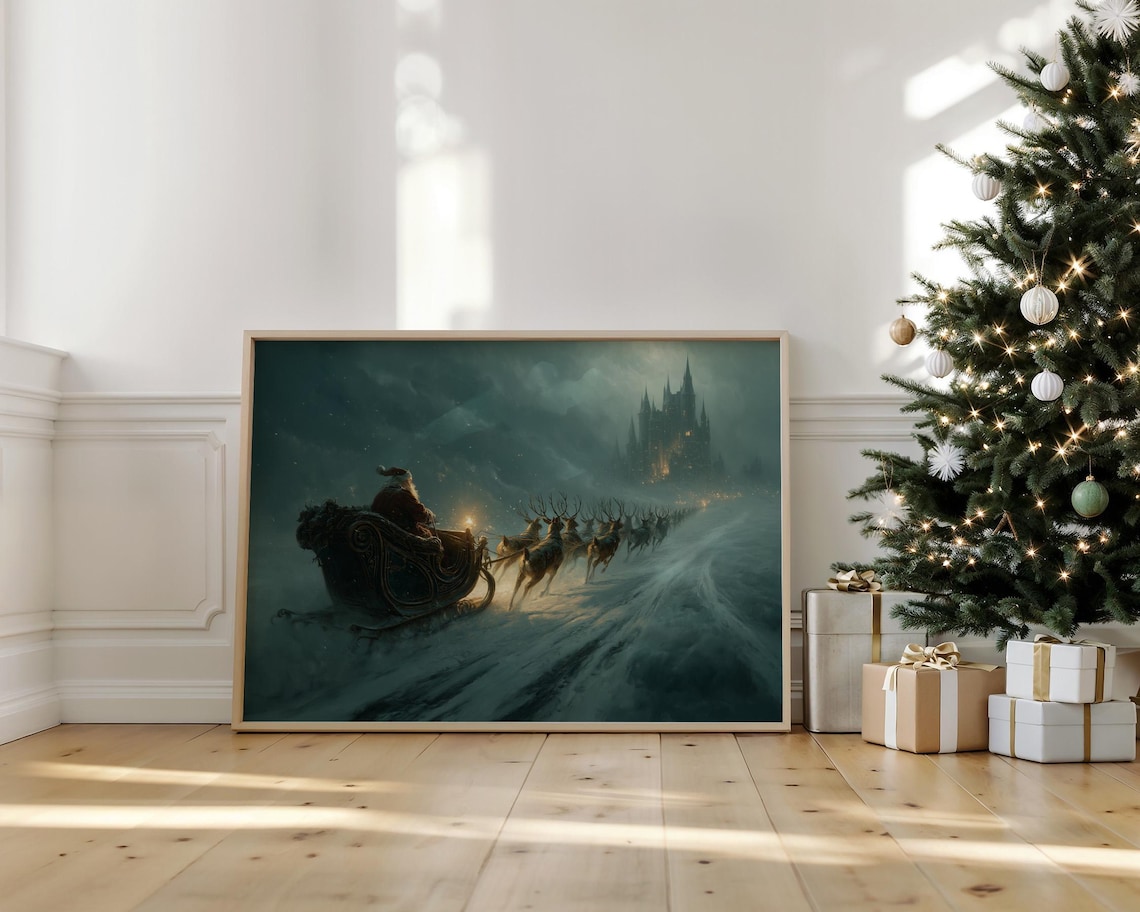 Santa Sleigh Ride with Reindeer Toward Castle Snowy Night Flight Poster