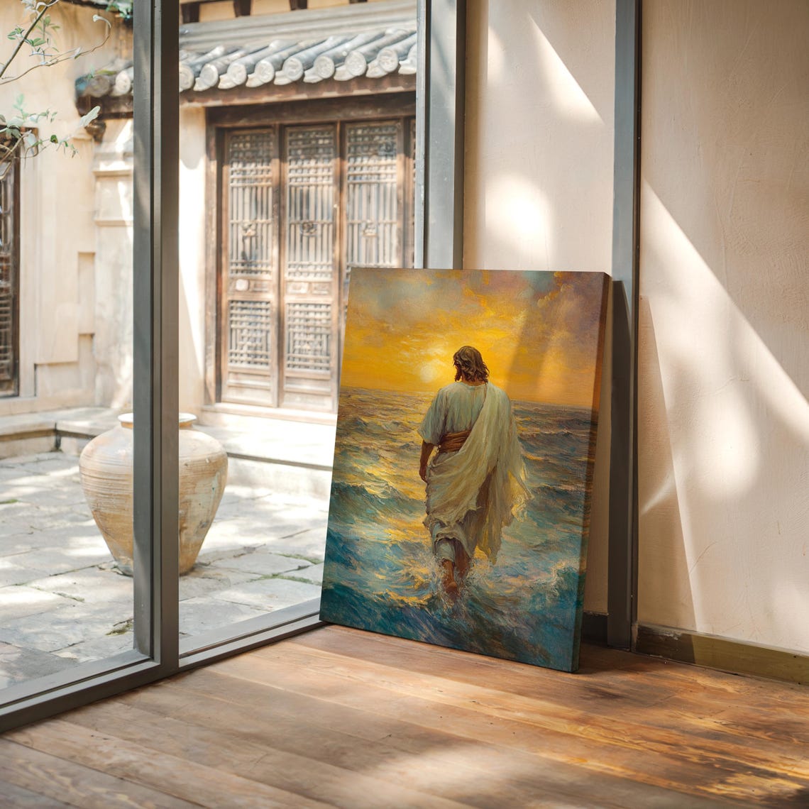Jesus Walking On Waves At Sunrise Golden Christian Faith Art Poster - Image 4