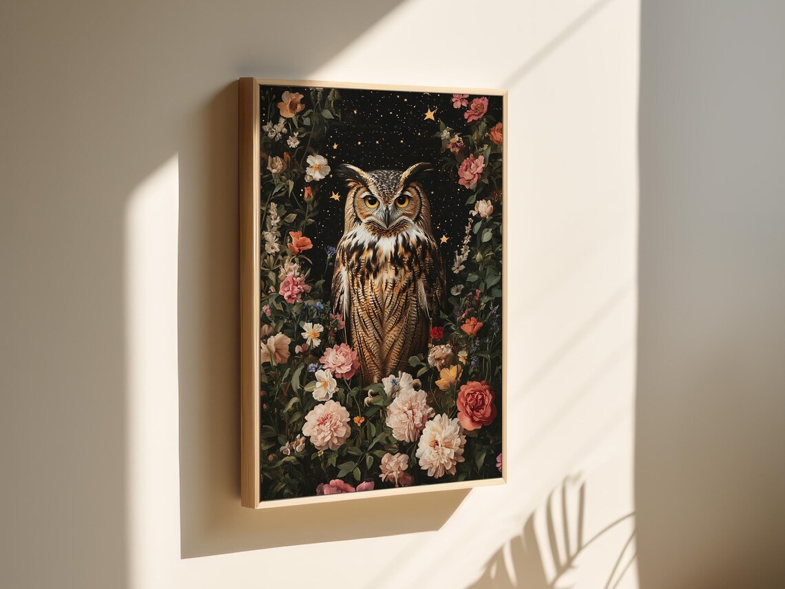 Great Horned Owl In Starry Night Garden Floral Nocturnal Wildlife Poster - Image 3