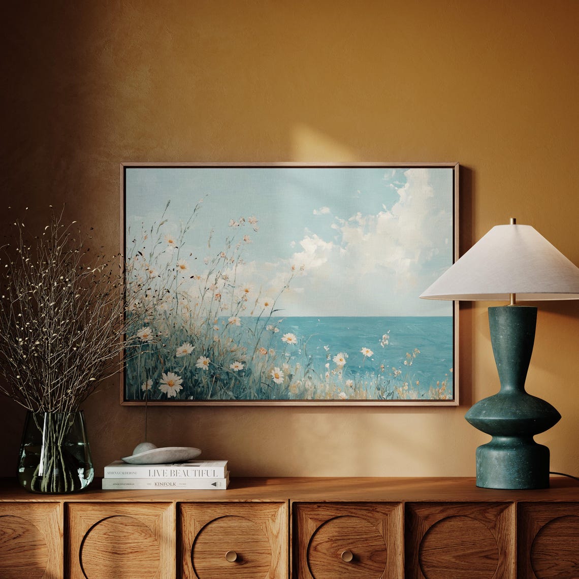 White Daisies on Coastal Cliff Azure Ocean Sky Floral Painting Poster - Image 4