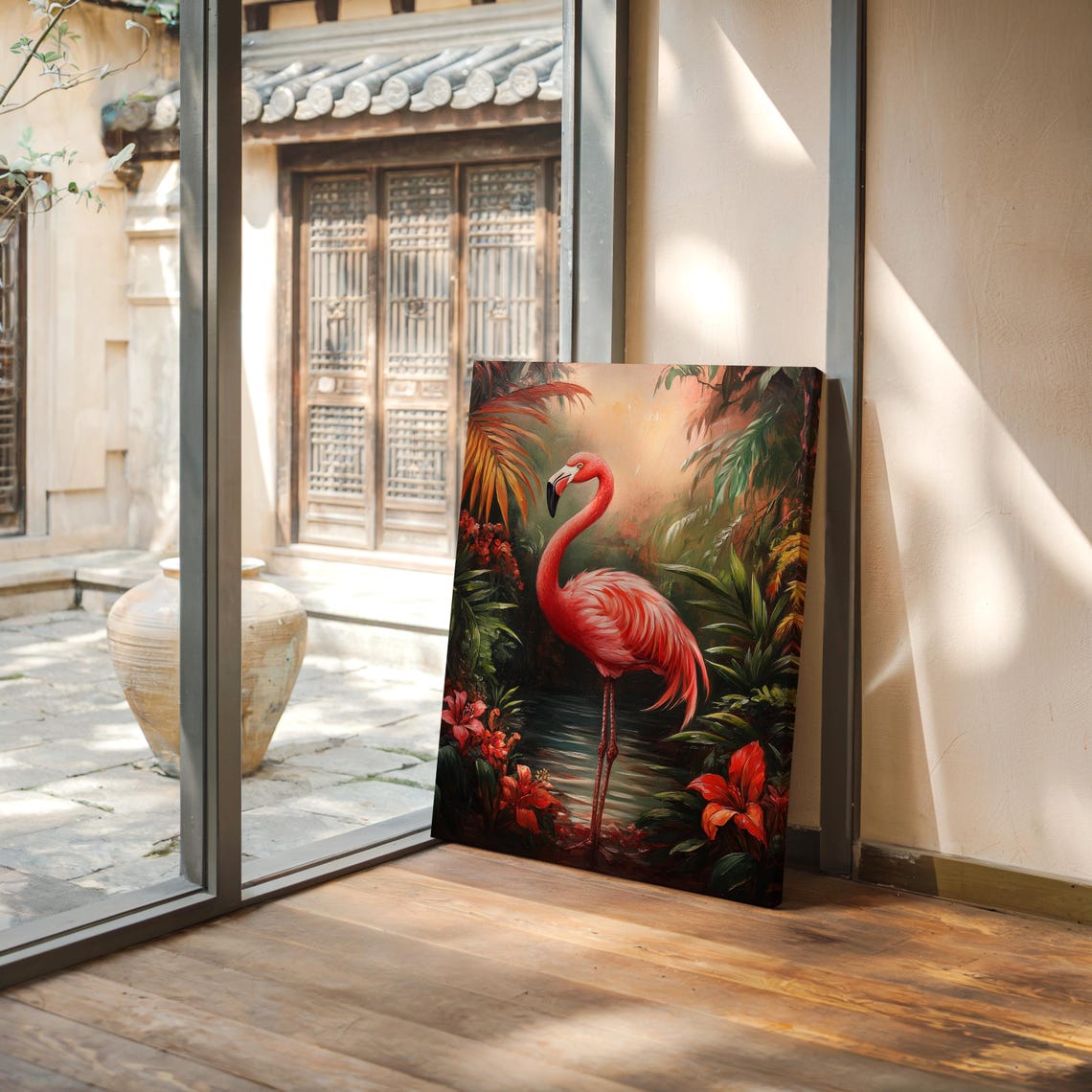 Flamingo Tropical Jungle Pink Bird Lush Botanical Oil Poster - Image 3