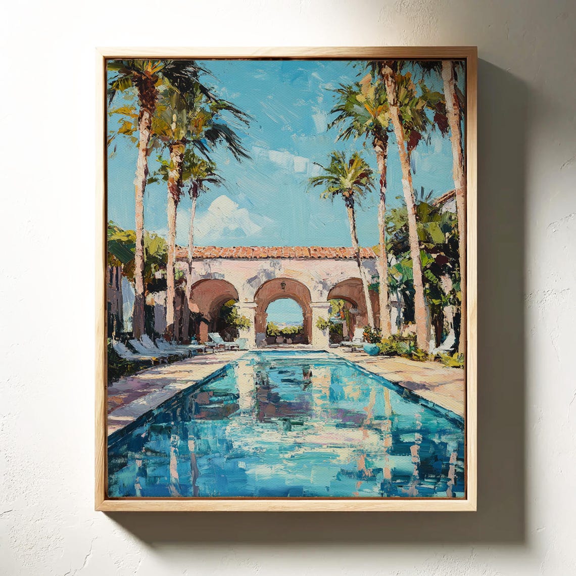 Elegant Mediterranean Pool Serene Villa Retreat With Palm Trees Archways And Bright Blue Sky For Luxe Tropical Wall Art - Image 6