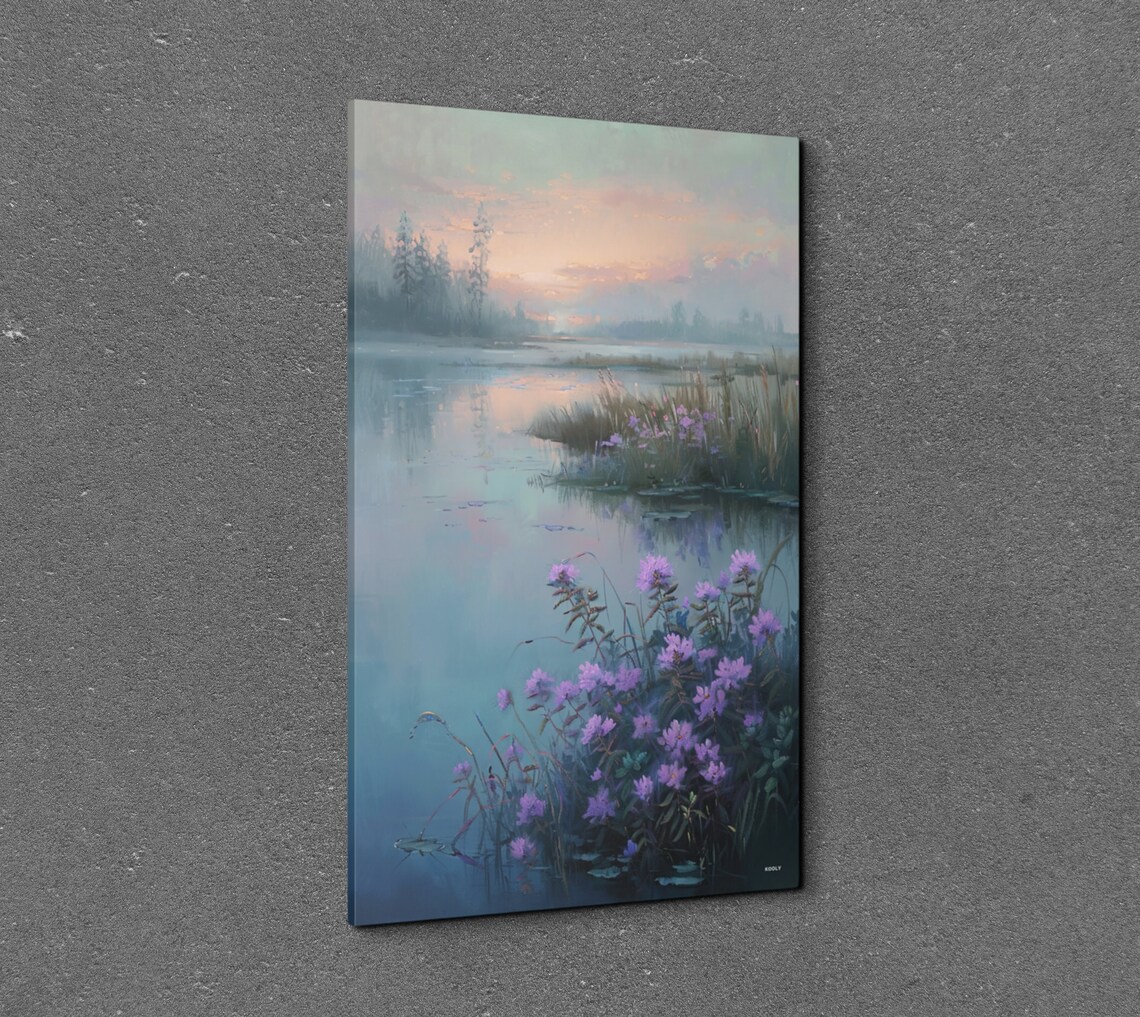 Purple Thistles At Sunrise Misty Lake Floral Landscape Poster - Image 3