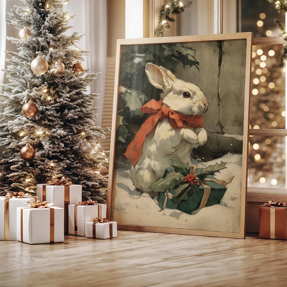 Christmas Rabbit With Red Bow And Gift Art Print