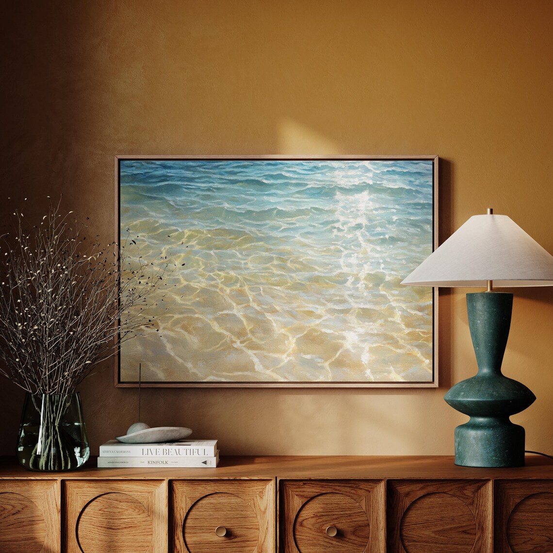 Ocean Water Sunlit Ripples Over Golden Sand Blue Beach Art Poster - Image 4