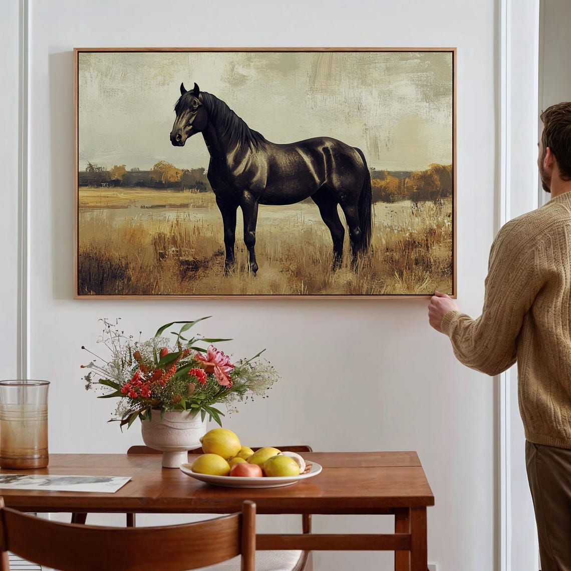 Majestic Black Horse Standing In Golden Wheat Field Rustic Farm Poster