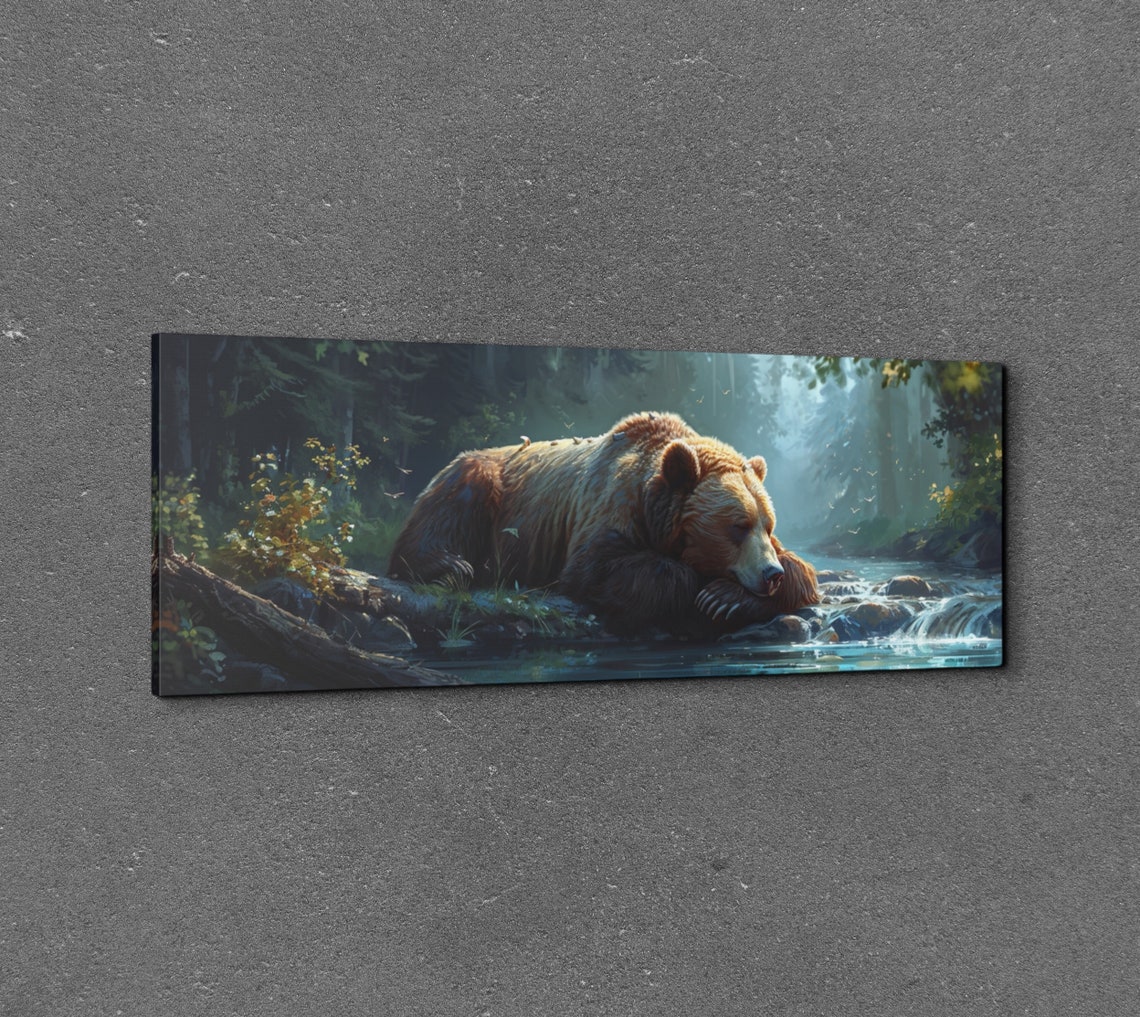 Panoramic Sleeping Bear by Forest Stream Misty Wildlife Poster - Image 3