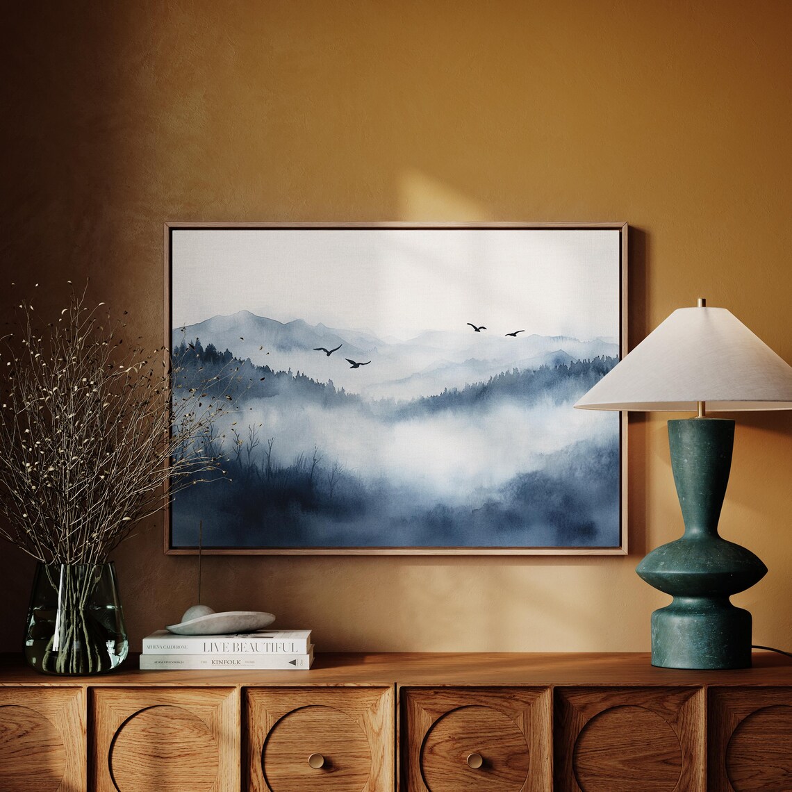 Misty Mountain Landscape With Birds in Flight, Watercolor