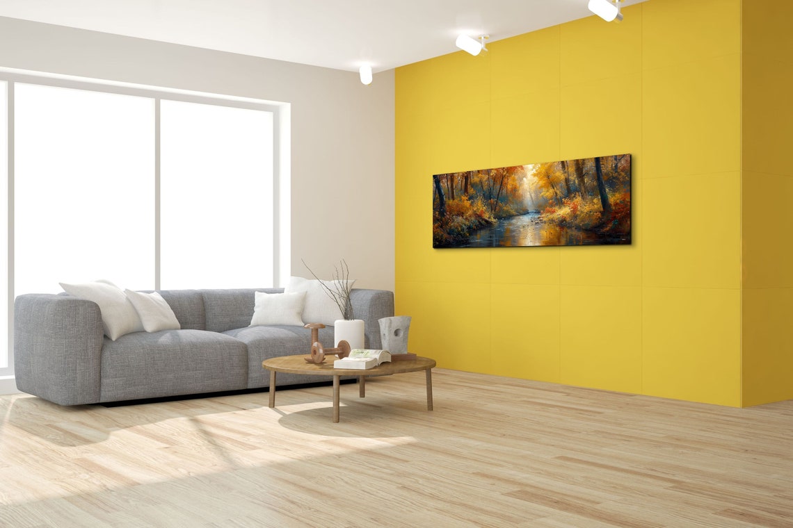 Panoramic Autumn Forest Stream Golden Light Fall Painting Poster - Image 4