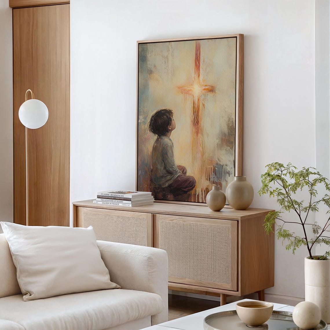 Small Child Gazing Up at a Glowing Cross in Soft Light Poster - Image 5