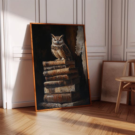 Vintage Owl Canvas Wall Art Wise On Antique Books Painting Rustic Study Decor Moody Library Animal Print Poster