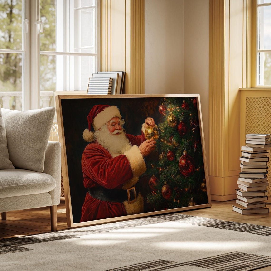 Santa Claus Hanging Gold Ornament on Christmas Tree Vintage Poster - Image 3
