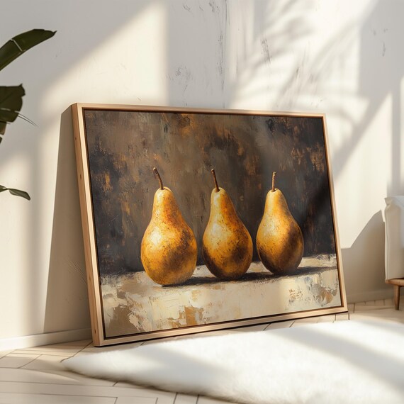 Golden Pear Still Life Rustic Kitchen Wall Art Vintage Fruit Painting Textured Oil Artwork Farmhouse Dining Room Decor