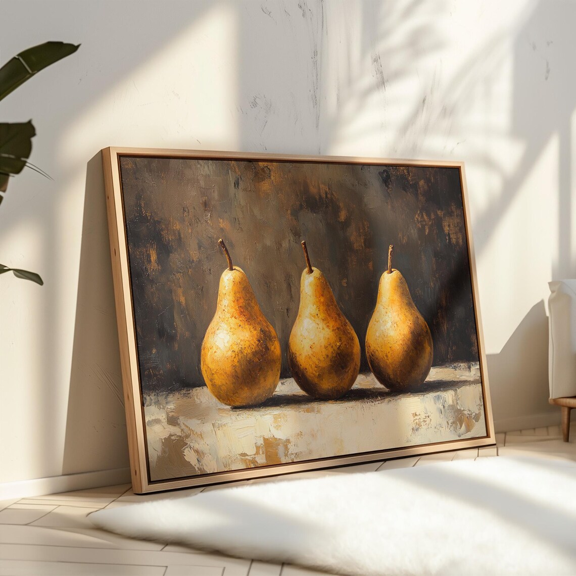 Golden Pear Still Life Rustic Kitchen Wall Art Vintage Fruit Painting Textured Oil Artwork Farmhouse Dining Room Decor