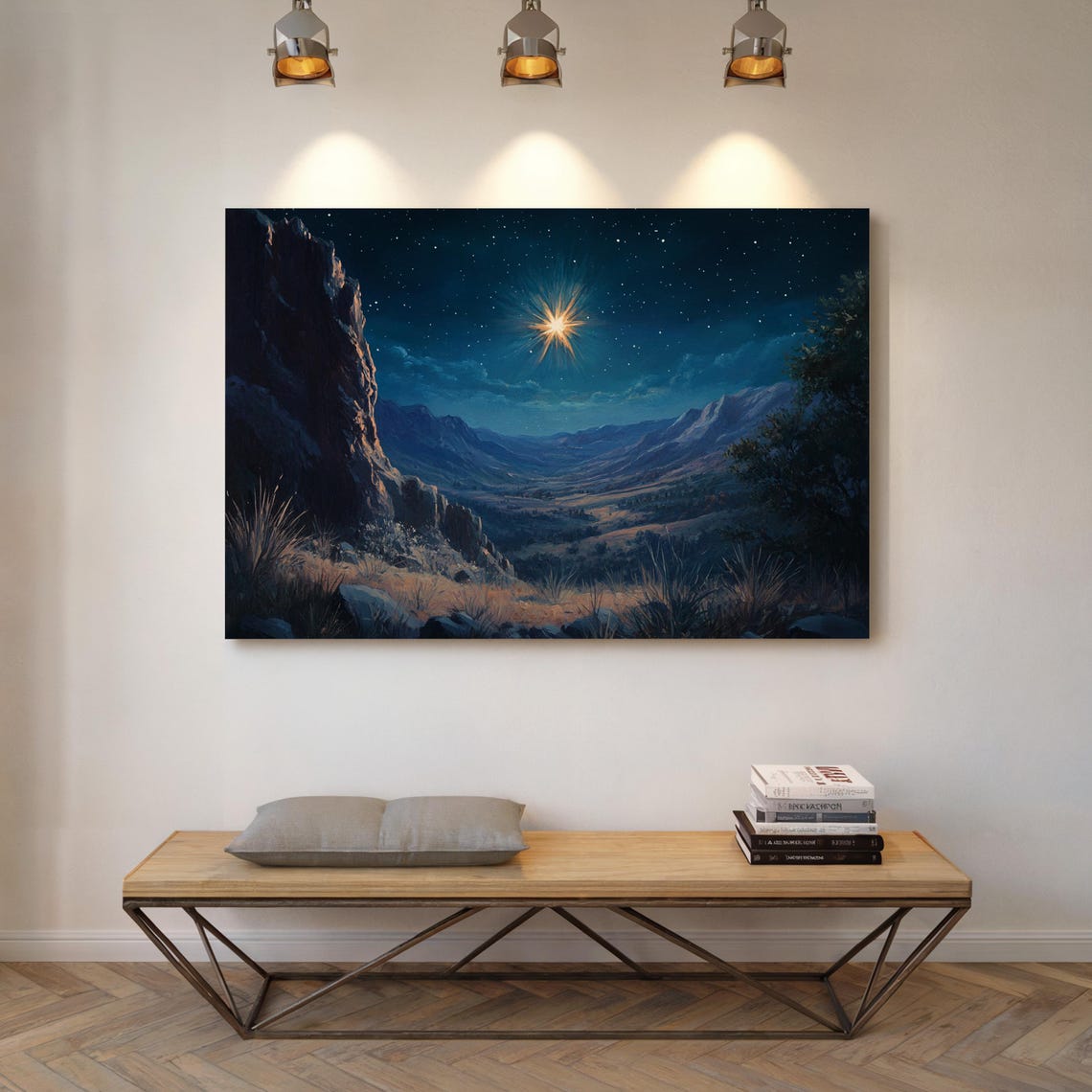 Star Of Bethlehem Over Moonlit Mountain Valley Christmas Wall Art - Image 6