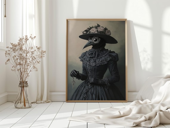 Plague Doctor Lady In Black Lace Dress Holding Key Gothic Portrait Poster