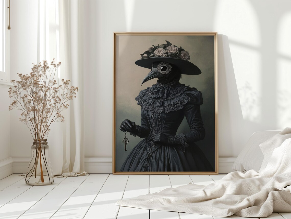 Plague Doctor Lady In Black Lace Dress Holding Key Gothic Portrait Poster