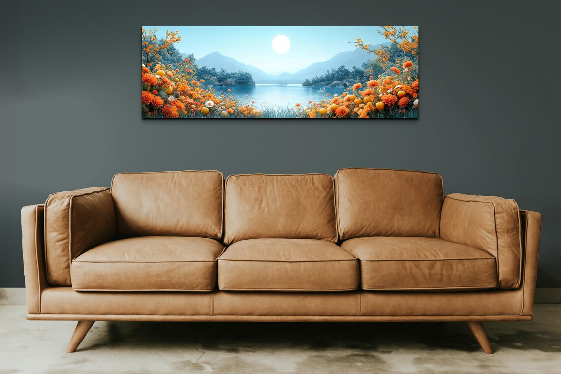 Panoramic Mountain Lake With Orange Wildflowers Under a Bright Sun Poster - Image 7