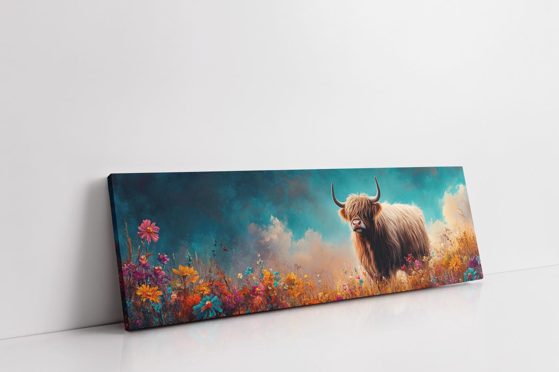 Highland Cow Wildflower Meadow Rustic Landscape Colorful Wall Art - Image 7