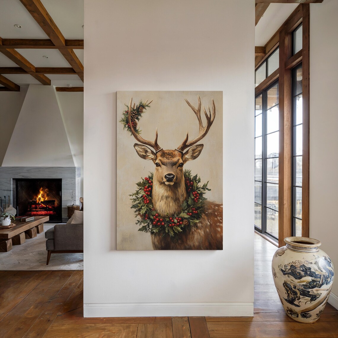 Christmas Stag With Holly Berry Wreath Vintage Holiday Art Poster - Image 5
