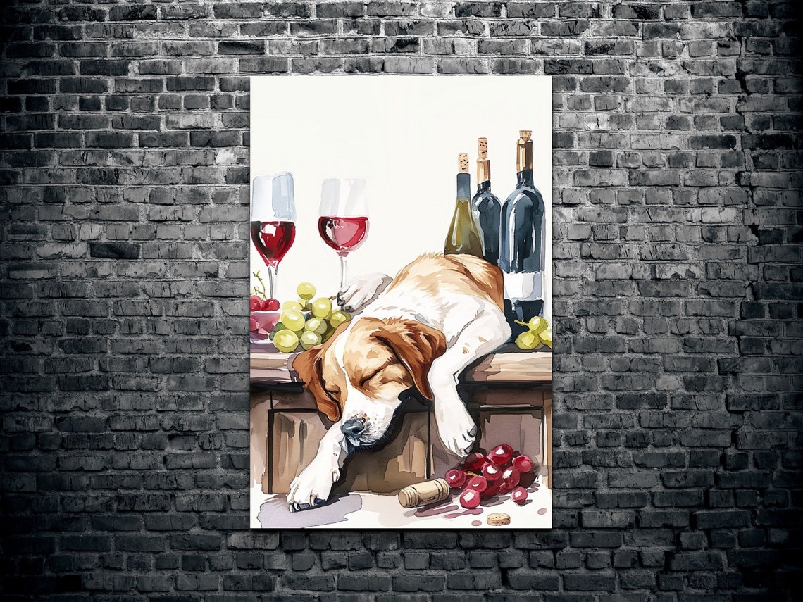 Sleeping Beagle Puppy Wine Bar Humorous Dog Watercolor Wall Art - Image 2