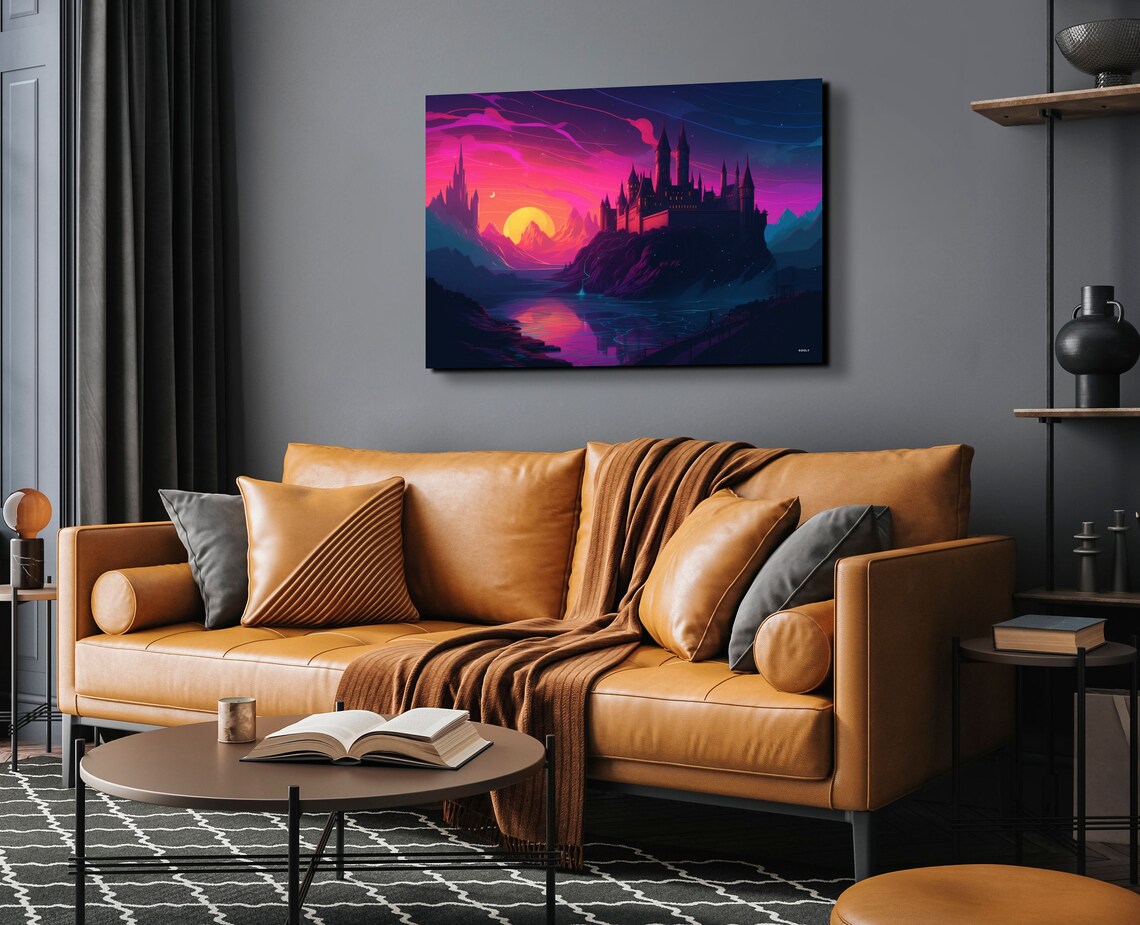 Mystic Fantasy Castle Sunset Lake Neon Pink Dream Sky Art Poster - Image 6