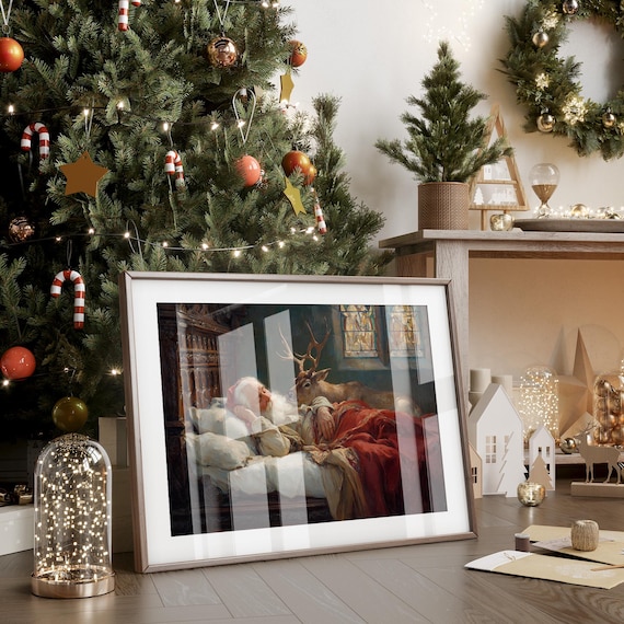 Sleeping Santa With Reindeer Vintage Oil Painting Christmas Poster