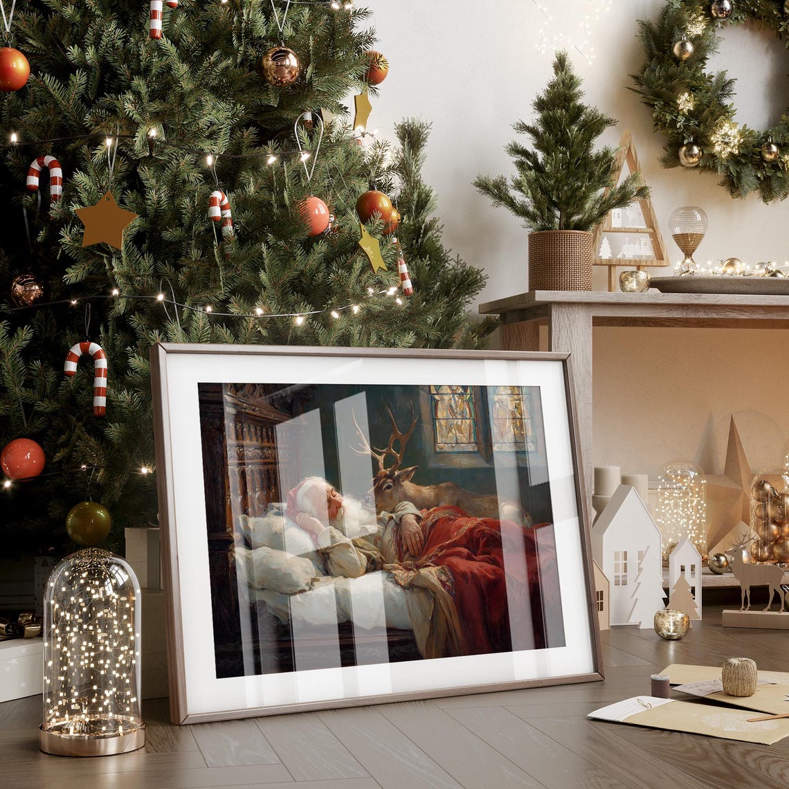 Sleeping Santa With Reindeer Vintage Oil Painting Christmas Poster