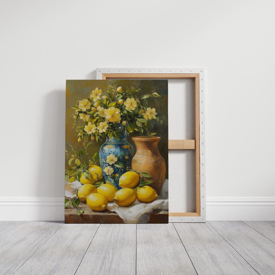 Rustic Still Life Lemons Yellow Florals Blue Vase Kitchen Art Poster - Image 3